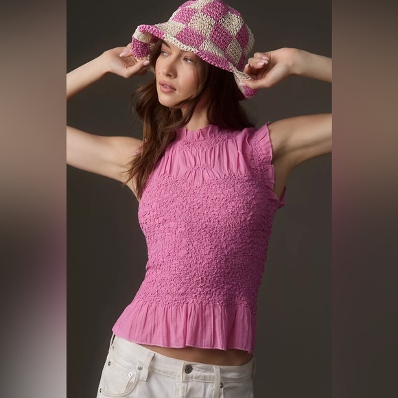 Anthropologie Tops - Anthropologie Textured Smocked Vest Top Pink Size Medium
